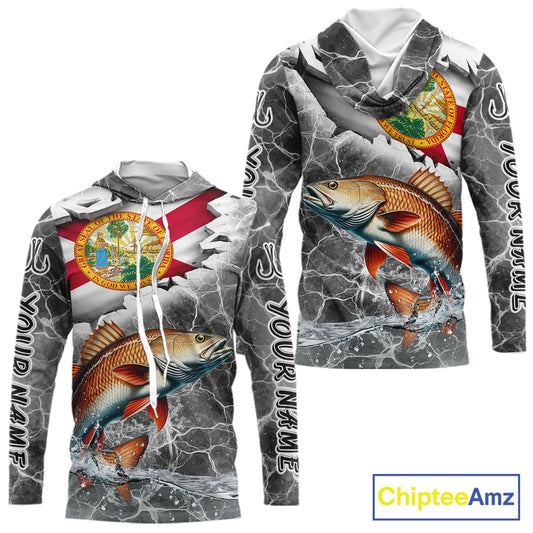 Florida Redfish Camo Gray Custom Long Sleeve Hooded Performance Fishing Shirts, Florida Flag Fishing Jerseys NHT660
