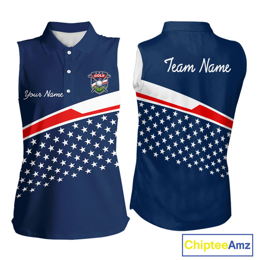 Blue Navy American Flag Womens Sleeveless Golf Polo Shirts Custom Patriotic Team Golf Shirts For Team Golf Gifts NHT693