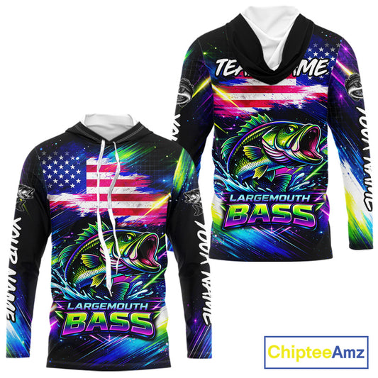 Personalized Bass Fishing Jerseys, Custom American Flag Fishing Shirts Long Sleeve Hooded For Men NHT458