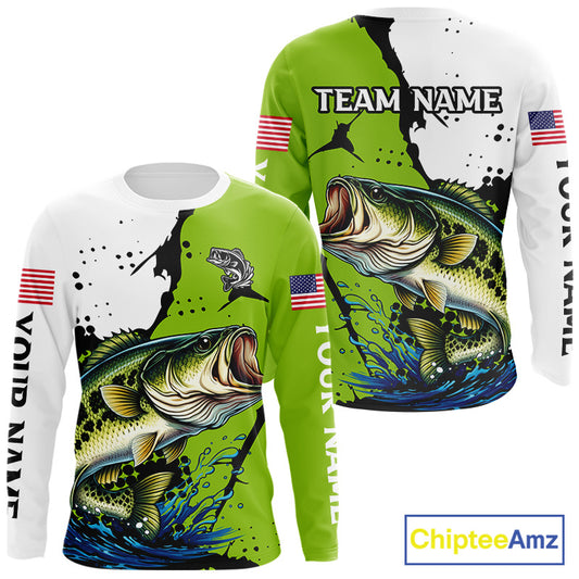 Green Camo Largemouth Bass Fishing Shirts Long Sleeve, Custom Big Bass Fishing Jerseys NHT481