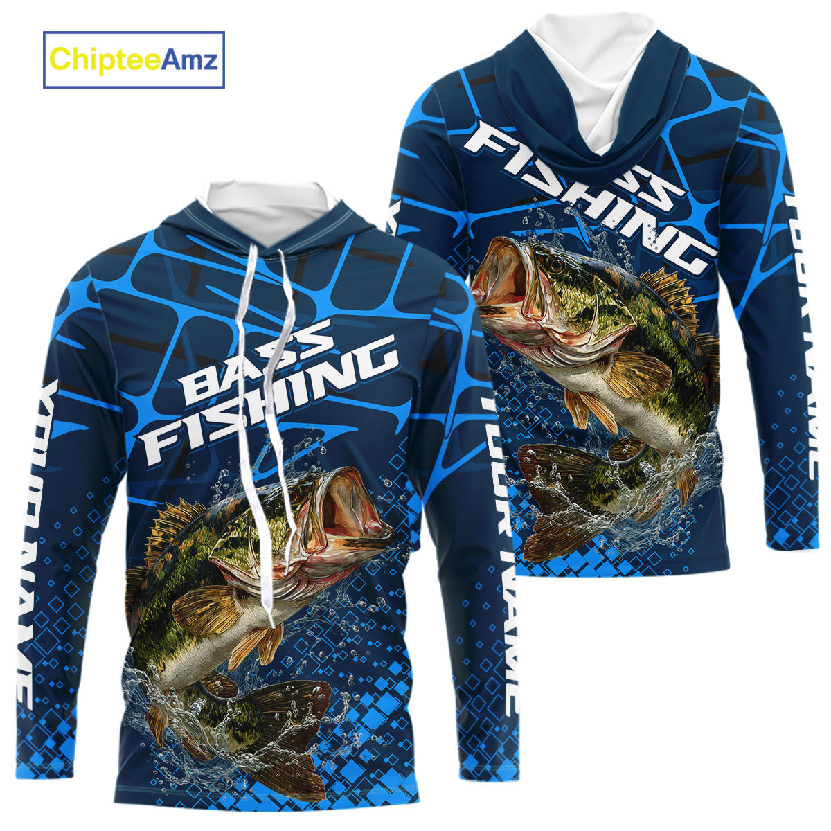 Largemouth Bass Fishing, Fishing Shirts Long Sleeve Hooded, Fishing Gift | Blue NHT385