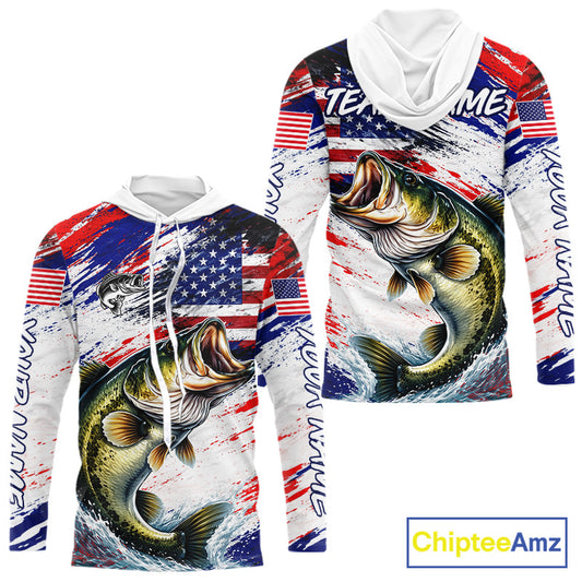 Patriotic Bass Fishing Tournament Shirts, Personalized American Flag Hooded Bass Fishing Jerseys NHT497