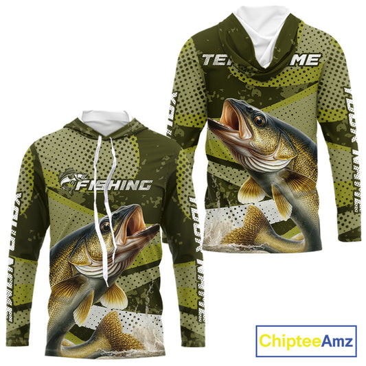 Walleye Fishing Custom Performance Fishing Shirts, Hooded Walleye Fishing Jerseys For Men NHT500