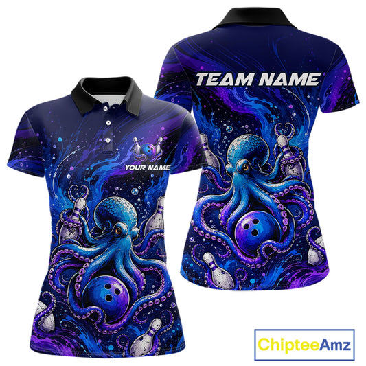 Women's personalized octopus bowling polo shirt – custom team bowling jersey front view