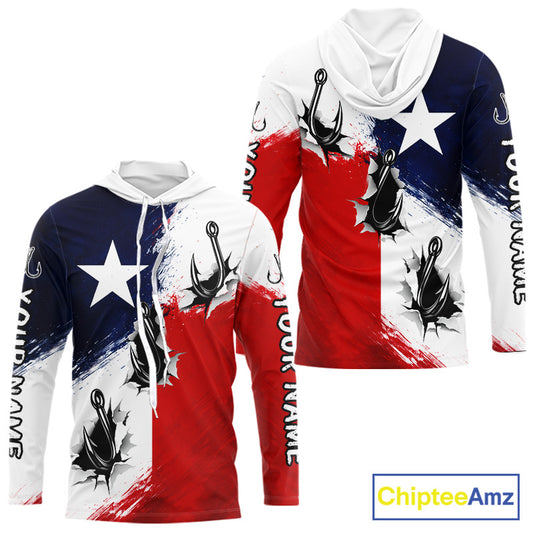 Texas Fishing Fish Hooks Patriotic Fishing Shirt Long Sleeve Hooded, Custom Name Fishing Jerseys NHT664
