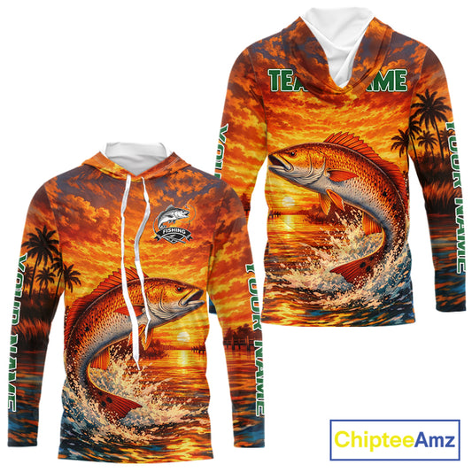 Personalized Redfish Fish Hooded Fishing Shirt Long Sleeve – Sunset Ocean Design NHT712