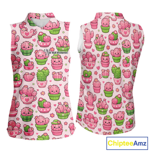 Cute Kawaii Cactus Womens Sleeveless Golf Polo Shirt, Funny Pink Cartoon Cactus Shirt NHT555