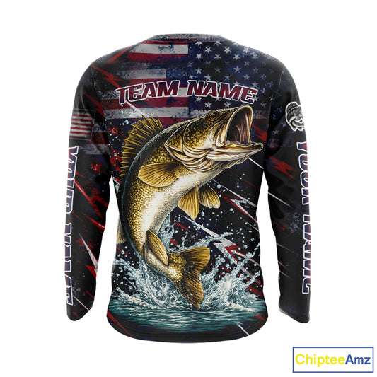 Personalized US Flag Walleye Fishing Shirts Long Sleeve, Patriotic Walleye Fishing Apparel NHT482