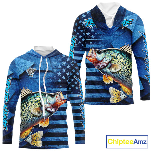 Crappie Hooded Fishing Shirts Long Sleeve With American Flag, Personalized Crappie Fishing Gift For Father Days NHT681