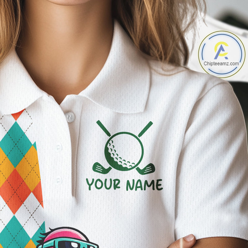 Funny Flamingo Womens Golf Polo Shirts Colorful Argyle Pattern Custom Name, Golf Gifts NBT562
