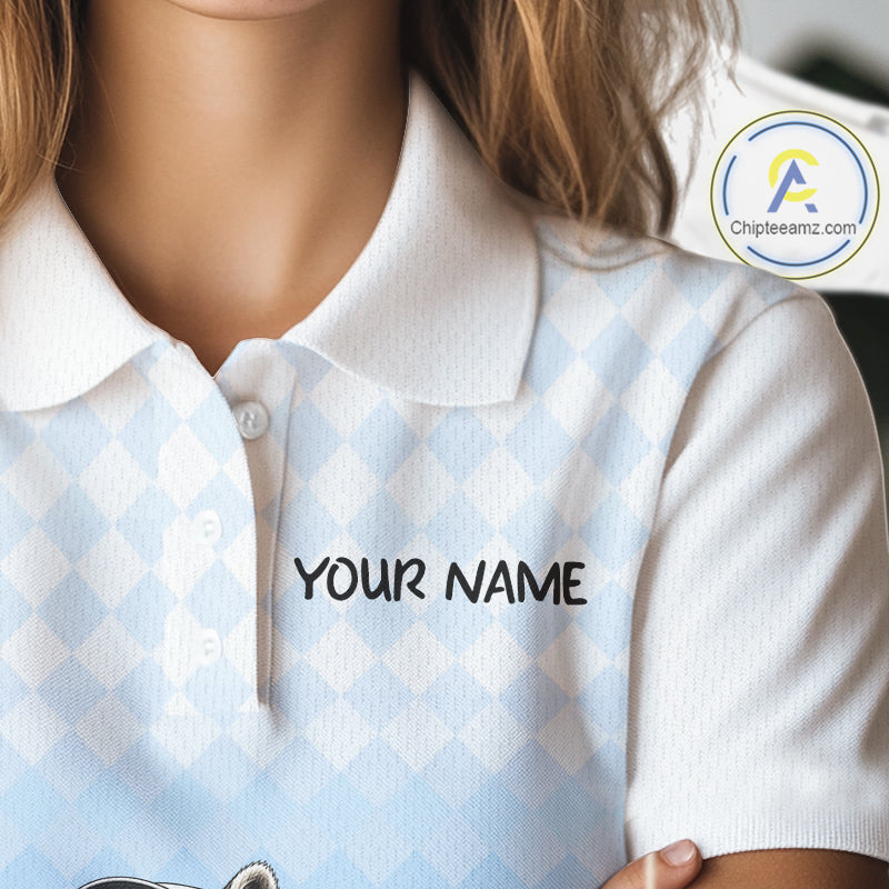 Funny Raccoon Golf Polo Shirt Personalized Name Custom Golf Shirt Golfer Gift For Womens NBT887