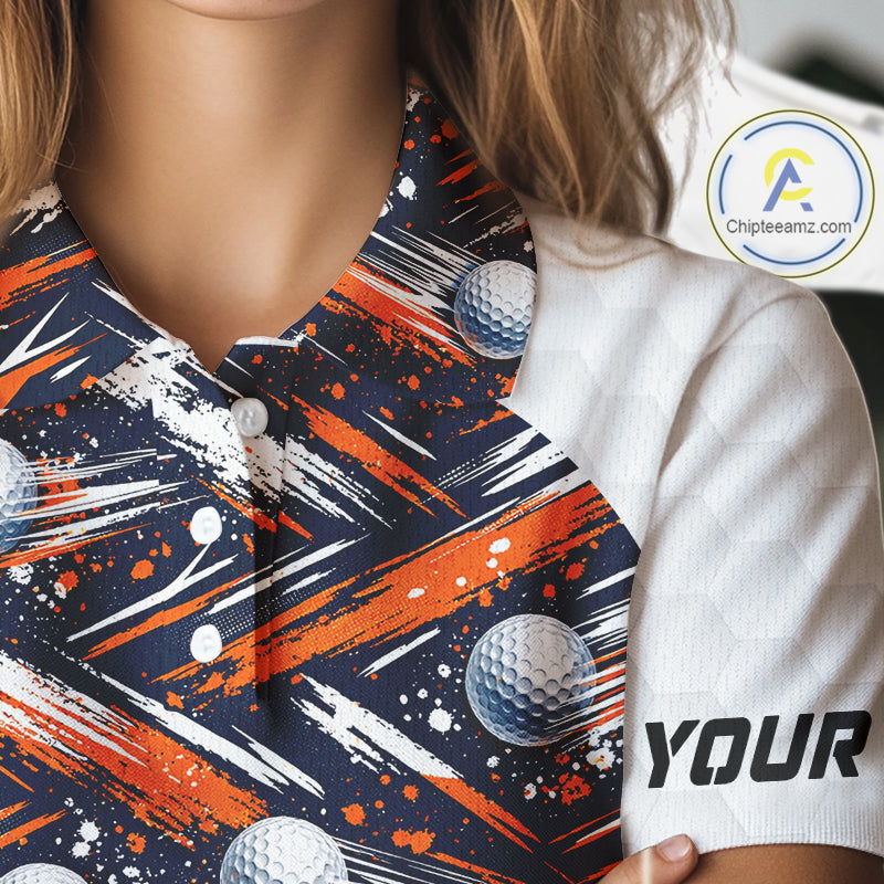 Womens Golf Polo Shirts Custom Black And Orange Golf Ball Pattern Golf Attire For Ladies, Golfer Gifts NBT573