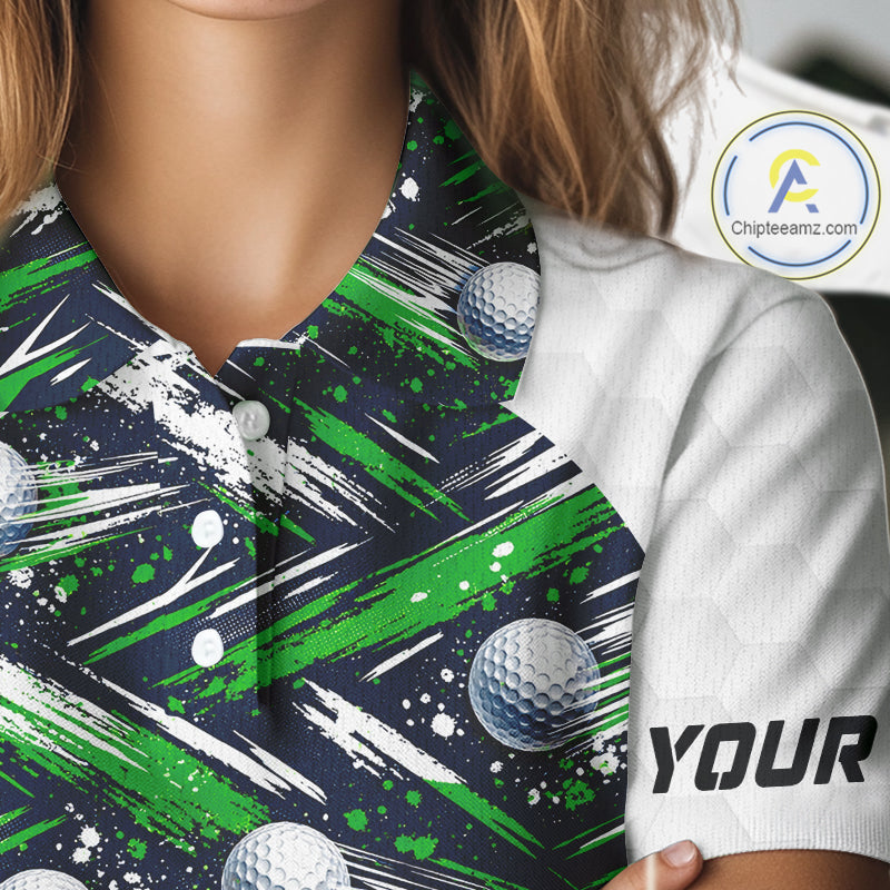 Womens Golf Polo Shirts Custom Black And Green Golf Ball Pattern Golf Attire For Ladies, Golfer Gifts NBT574