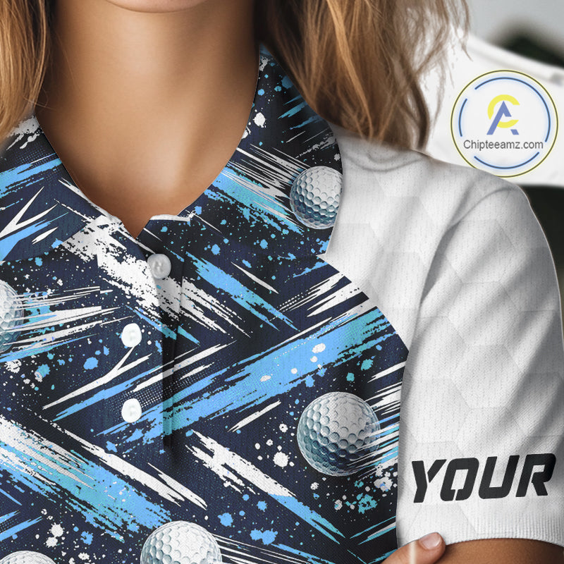 Womens Golf Polo Shirts Custom Black And Blue Golf Ball Pattern Golf Attire For Ladies, Golfer Gifts NBT575