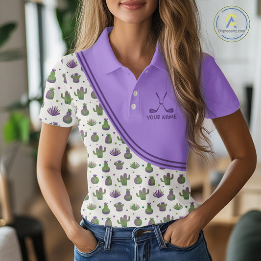 Personalized Funny Purple Cactus Pattern Womens Golf Polo Shirts Custom Cactus Golf Shirt, Golfer Gifts NBT707