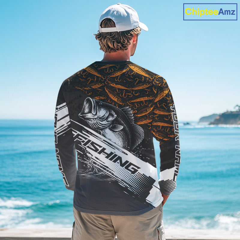 Personalized Bass Fishing Hood Long Sleeve UV Protection Custom Black & Yellow Shirts, Bass Tournament Jerseys NBT359