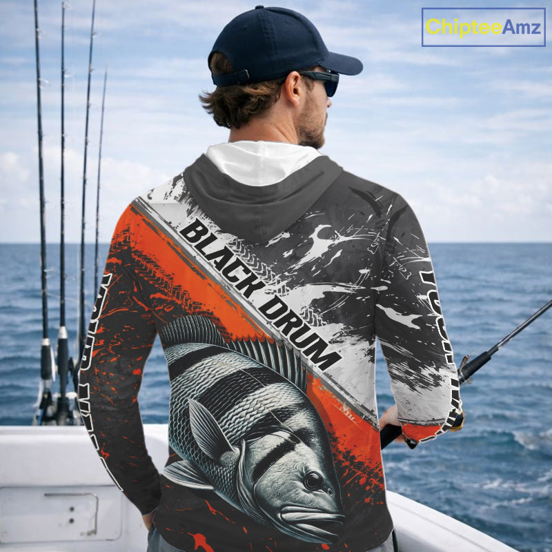 Custom Orange Camo Black Drum Jerseys For Fishing Team Long Sleeve Hooded Fishing Shirts NBT457