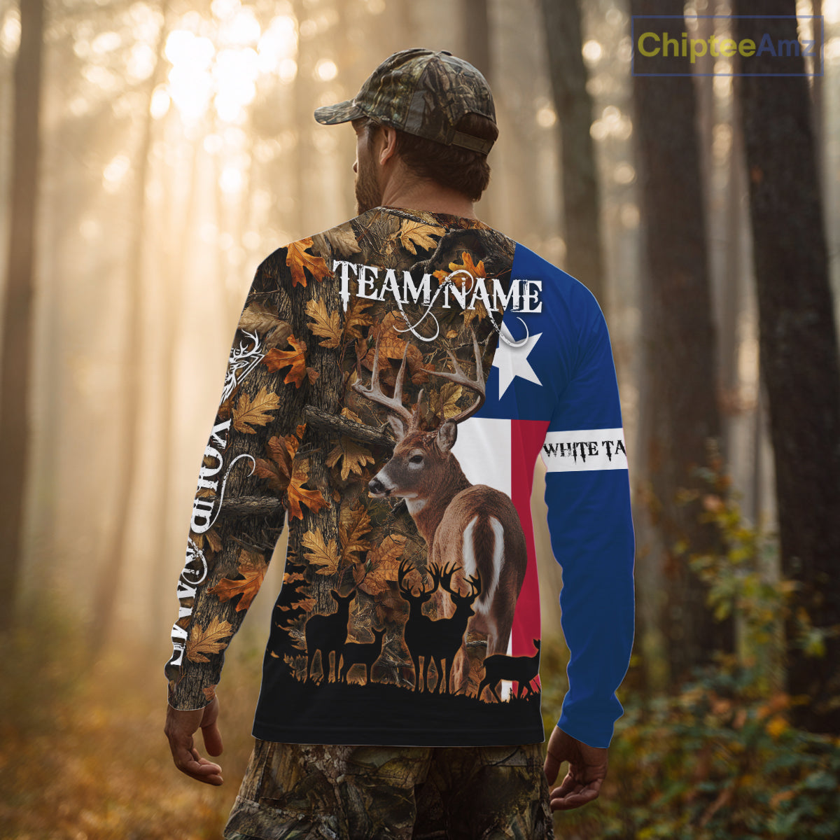 Texas Flag Fall Camo Whitetail Deer Hunting Hoodie, Longsleeve Shirt - Personalized Name Option NBT12