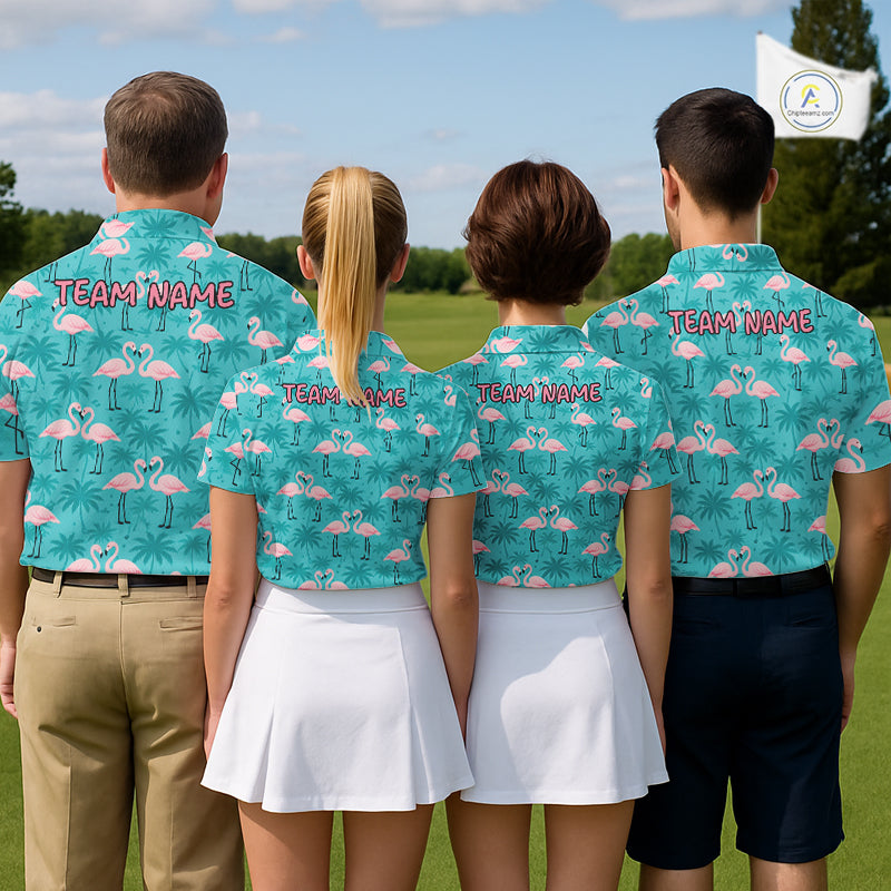 Mens Golf Polo Shirt Pink Flamingo Tropical Leaves Pattern Custom Team Flamingo Golf Polo Shirts NBT592