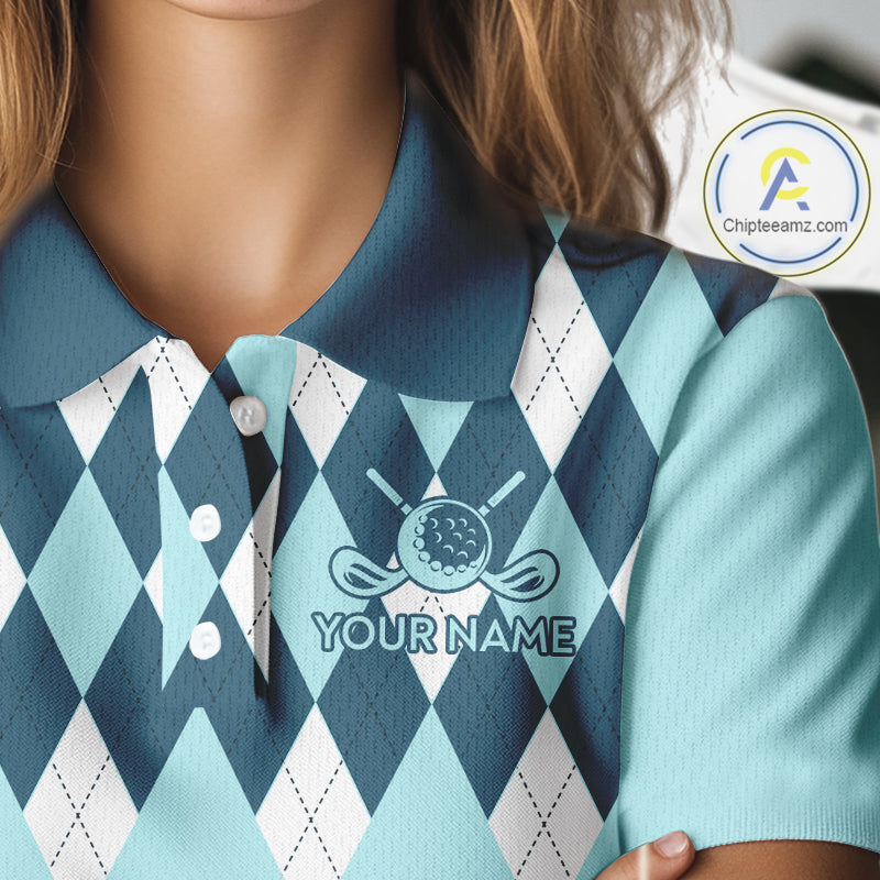 Blue Argyle Plaid Pattern Womens Golf Polo Shirt Custom Golf Polo Shirt For Ladies, Golfing Gifts NBT593