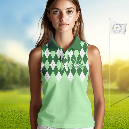 Green Argyle Plaid Pattern Womens Golf Polo Shirt Custom Golf Polo Shirt For Ladies, Golfing Gifts NBT594