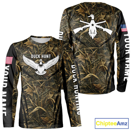 Best Duck Hunting Camouflage with US Flag Detail 3D Printed Shirts, Duck Hunting Gifts NBT205