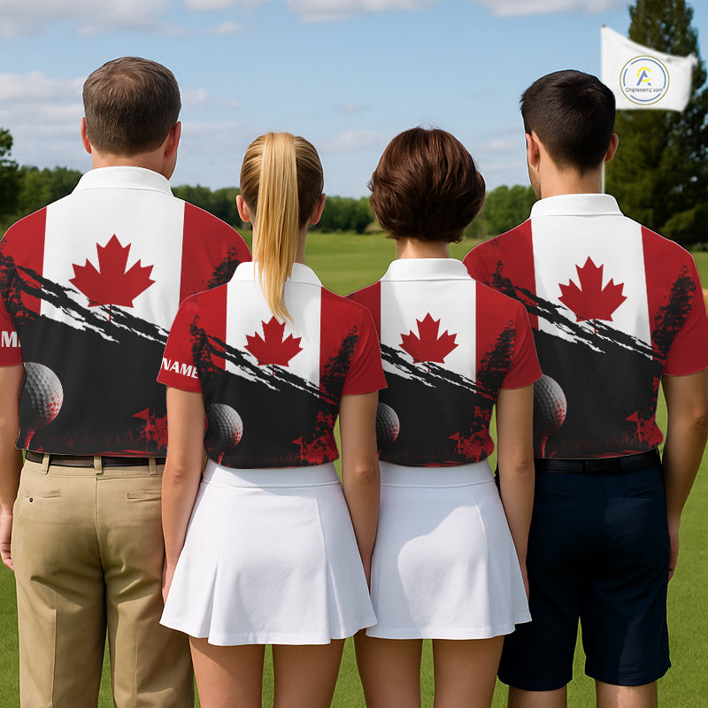 Canada Flag Patriotic Mens Golf Polo Shirt for team golf group - multiple golfers wearing red white Canada flag Polo shirts, custom name available