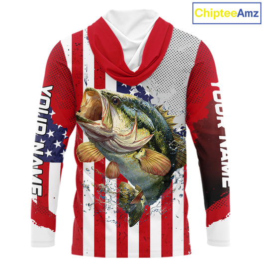 Freedom 250 Bass Long Sleeve Hooded Fishing Shirts American Flag Fishing, Custom Bass Shirts With US Flag NBT374