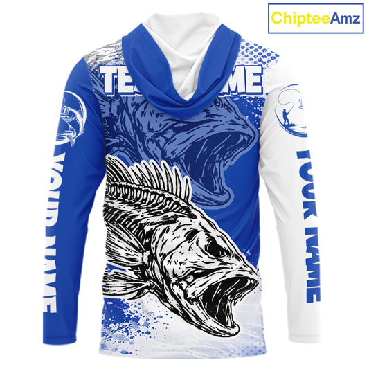 Blue Camo Bass Fishing Jerseys For Fishing Team, Bass Skeleton Fishing Shirts Long Sleeve Hooded NBT418