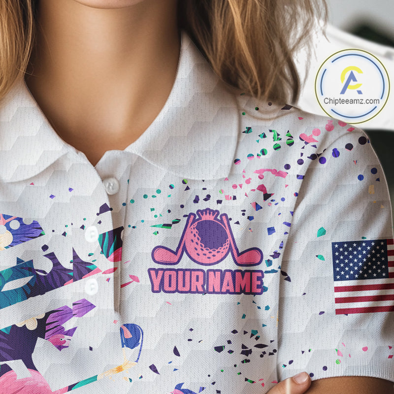 Flamingo Womens Golf Polo Shirts, Colorful Tropical Flamingo Pattern, Tropical Golf Shirt NBT477