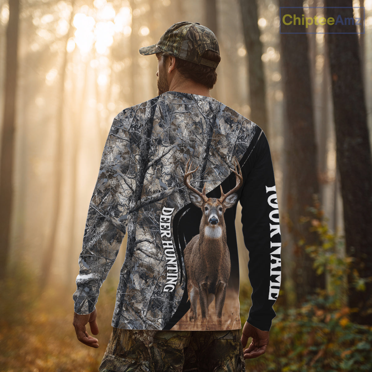 Winter Whitetail Deer Camo Customize Name 3D All Over Printed Long Sleeve Hunting Shirts for Men NBT332