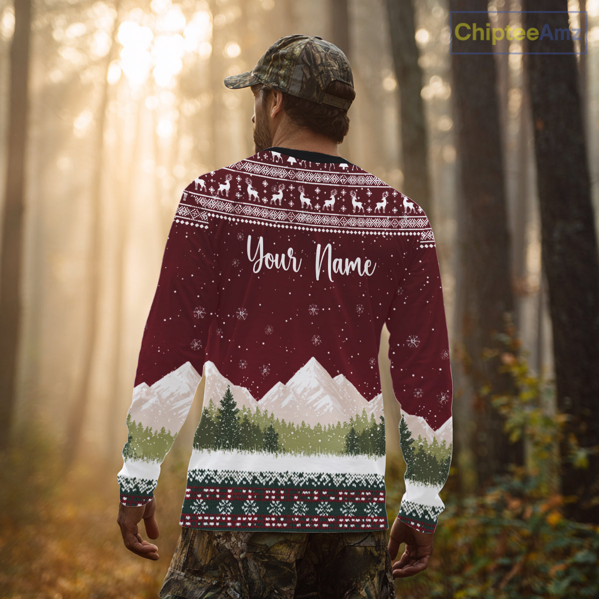 Funny Ugly Pattern Santa Deer Hunting Customized Name All Over Print Shirts for Hunter NBT283