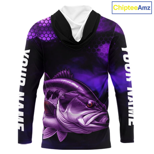 Purple Largemouth Bass Long Sleeve Hooded Fishing Shirts, Custom Big Bass Fishing Jerseys NBT379