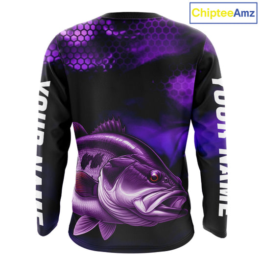 Purple Largemouth Bass Long Sleeve Fishing Shirts, Custom Big Bass Fishing Jerseys NBT379
