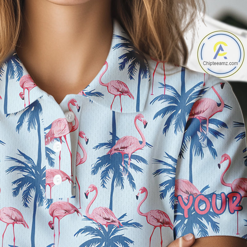Flamingo Tropical Palm Tree Womens Polo Shirt, Custom Matching Girl Polo Team, Golf Gifts For Ladies NBT494