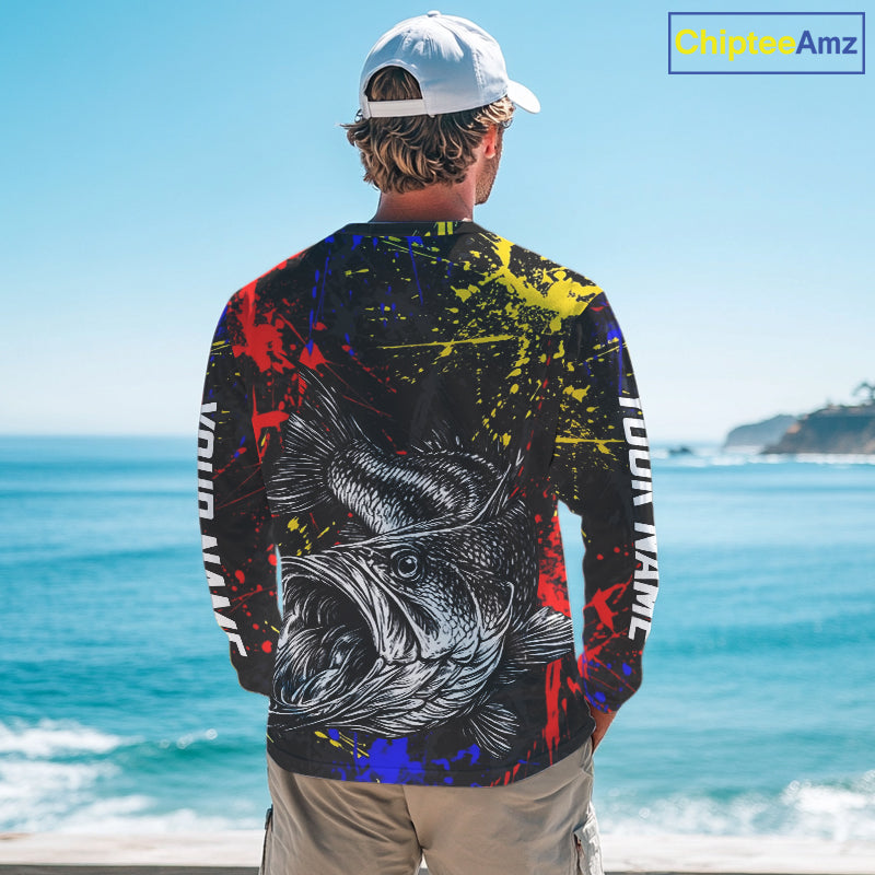 Colorful Paint Tattoo Bass Fishing Shirts Long Sleeve With Hood, Bass Fishing Jerseys NBT431