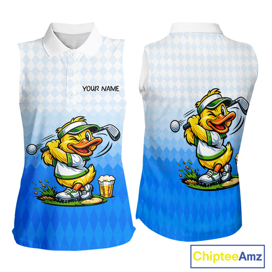 Funny Duck Sleeveless Golf Polo Shirt For Womens, Cute Duck With Beer Print Shirt, Sporty Animal Golf Gift|Blue NBT622