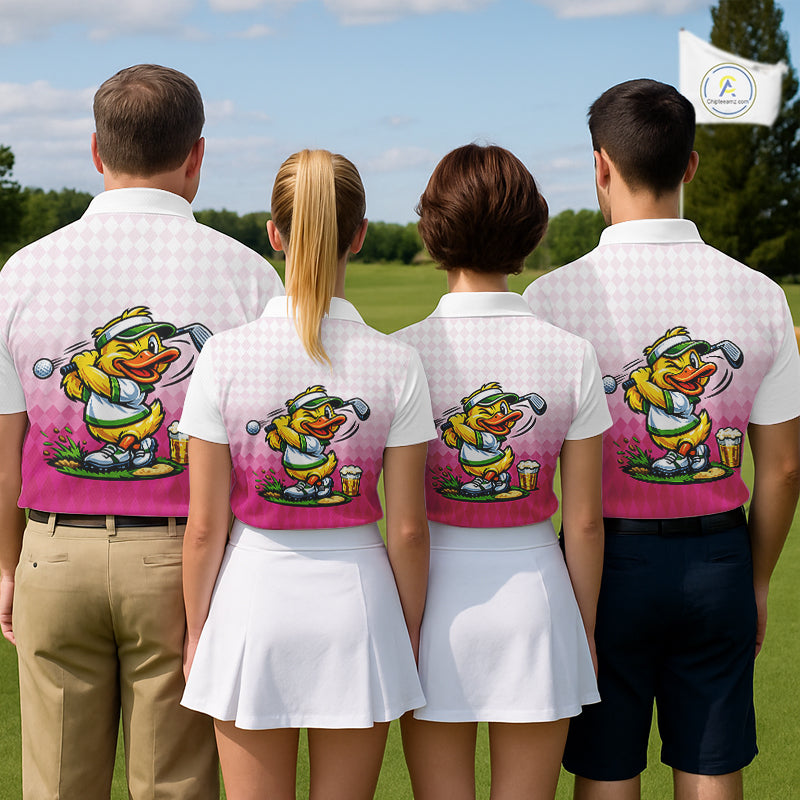 Funny Duck Golf Polo Shirt For Men, Cute Duck With Beer Print Shirt, Sporty Animal Golf Gift|Pink NBT624