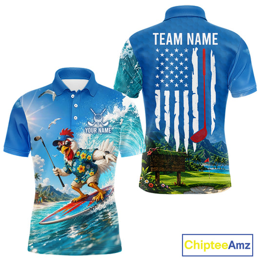 Funny rooster American flag mens golf polo shirt - back view
