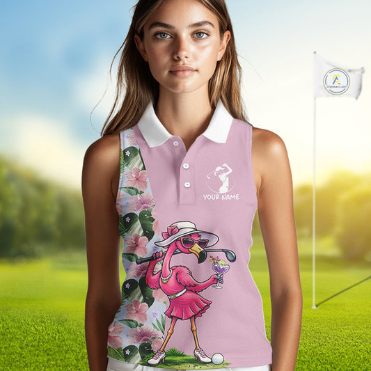 Pink Flamingo Womens Sleeveless Golf Polos Shirts Custom Tropical Floral Golf Gifts For Mom, Mother's Day Gifts NBT645