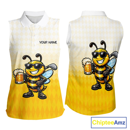 Funny Bee Sleeveless Golf Polo Shirt For Women, Cute Bee With Beer Print Shirt, Sporty Animal Golf Gift|Yellow NBT663