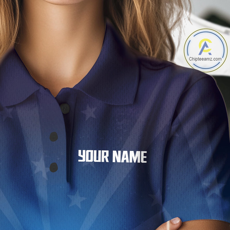 Blue polo shirt with 'YOUR NAME' text and breathable fabric