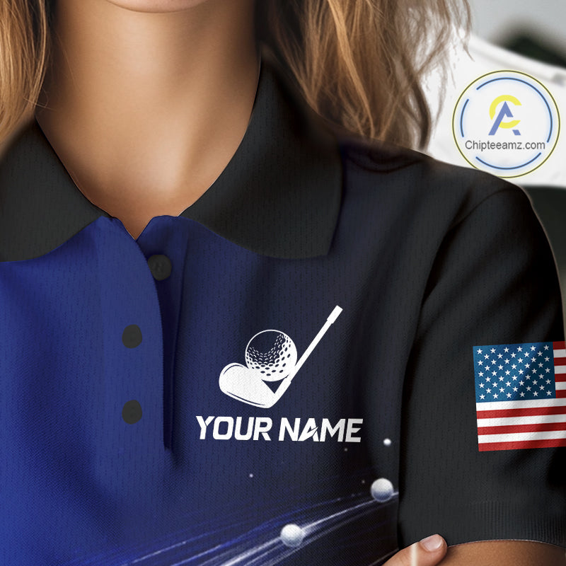 Blue Golf Ball Pattern American Flag Womens Golf Polo Shirts, Tournament Golf Shirts Golf Gifts NBT870