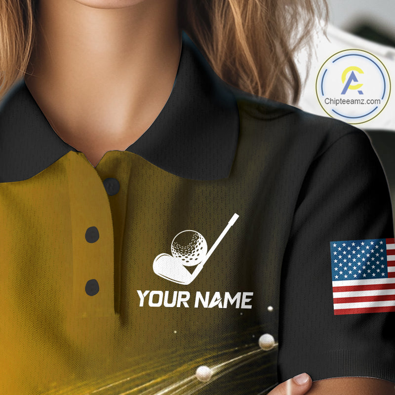 Black Gold Golf Ball Pattern American Flag Womens Golf Polo Shirts, Tournament Golf Shirts Golf Gifts NBT871