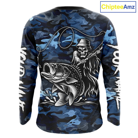 Reaper Fishing Largemouth Bass Long Sleeve Fishing Shirts Blue Camo, Camo Fishing Shirt NBT391