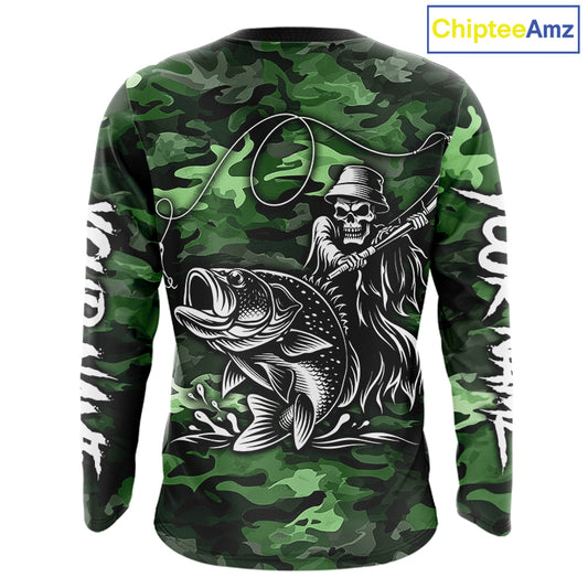 Reaper Fishing Largemouth Bass Long Sleeve Fishing Shirts Green Camo, Camo Fishing Shirt NBT392