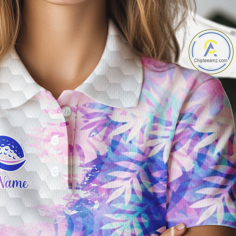 Womens Golf Polo Shirts Custom Hologram Tropical Leaves Golf Shirts, Womens Golf Tops NBT544