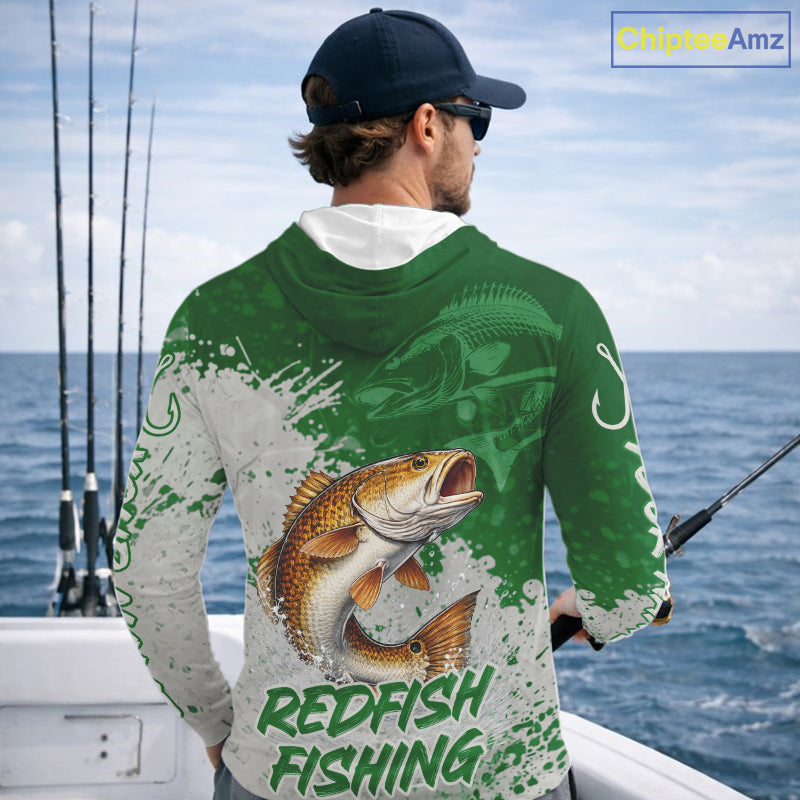 Personalized Redfish Long Sleeve Hooded Fishing Shirts Green Camo, Redfish Fishing Shirts For Men NBT398