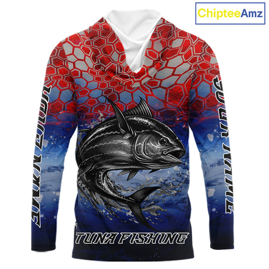 Custom Red Blue Tuna Fishing Long Sleeve Hooded Fishing Shirts, Saltwater Offshore Fishing Shirts NBT399
