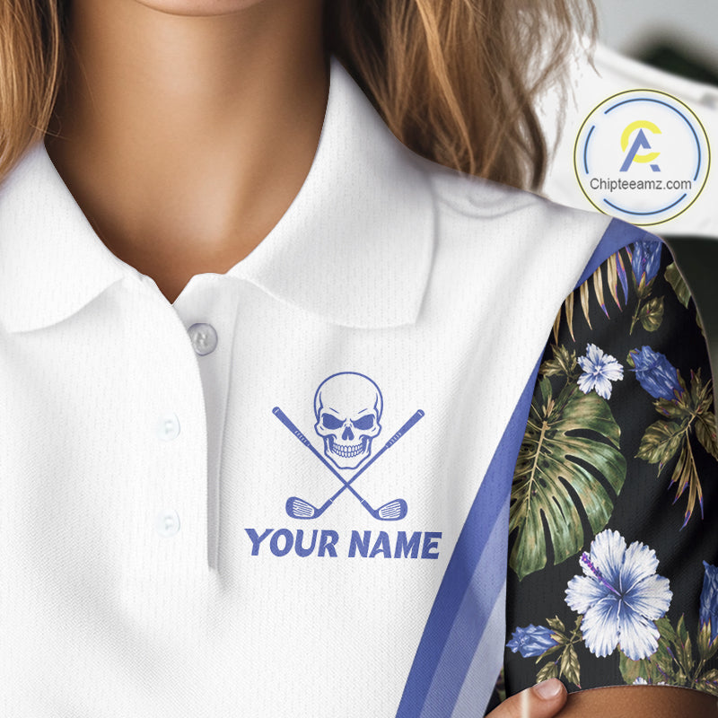 Custom Womens Golf Polo Shirts Funny Tropical Leaf Cross Skull Golf Clubs White Golf Shirt|Blue NBT705
